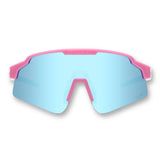 Front view of LosReyes Showtime Max Clark Original pink and blue sports sunglasses featuring UV400 mirrored blue shield lens, aerodynamic frame design, and signature baseball performance optics.