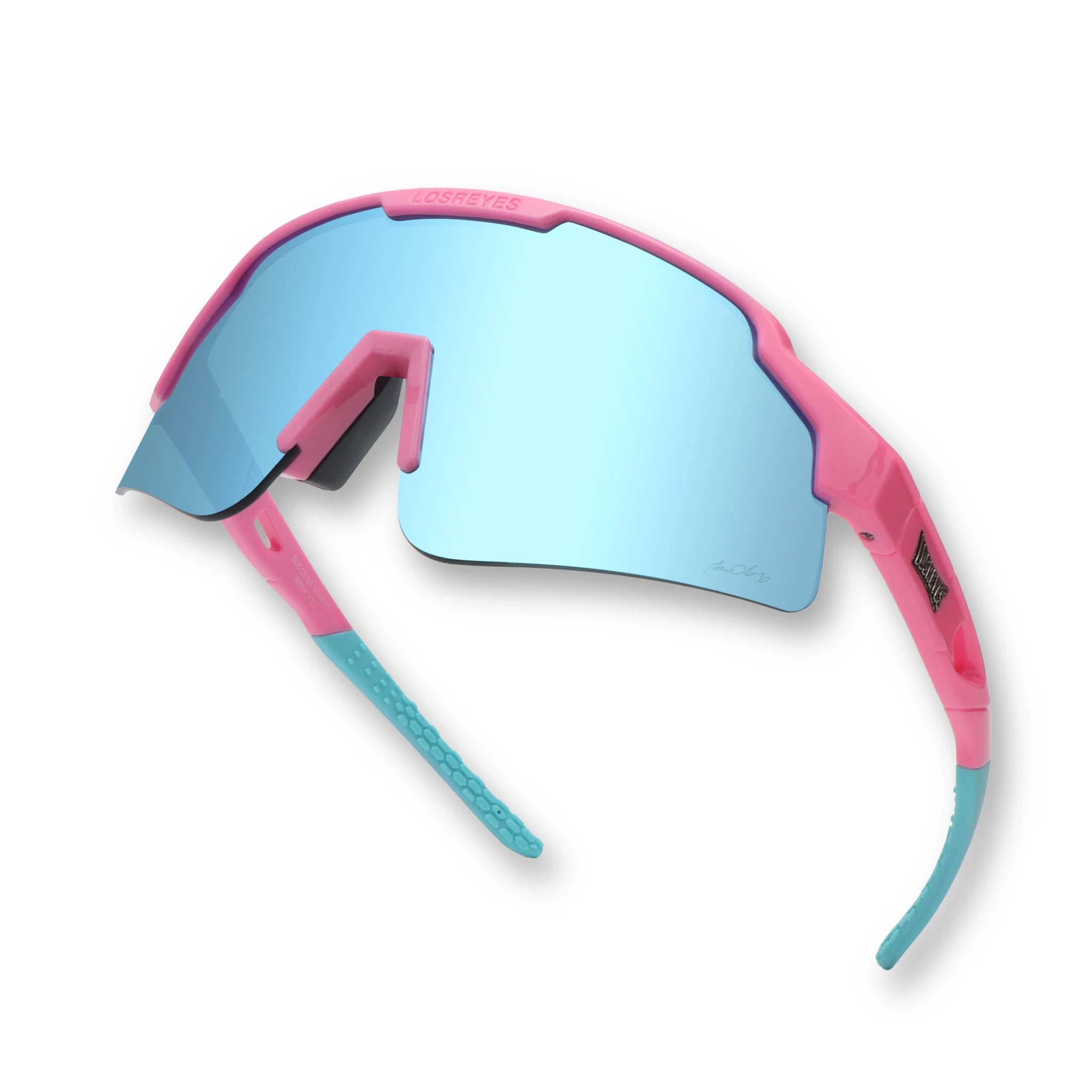 Hero angle of LosReyes Showtime Max Clark Original blue and pink sports sunglasses with mirrored blue wraparound shield lens, high-contrast grip tips, and MLB-grade impact protection. 