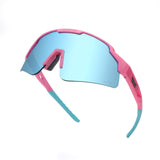 Hero angle of LosReyes Showtime Max Clark Original blue and pink sports sunglasses with mirrored blue wraparound shield lens, high-contrast grip tips, and MLB-grade impact protection. 