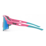 Side view of LosReyes Showtime Max Clark Original pink and blue sports sunglasses showing wide peripheral lens coverage, laser-cut ventilation, and rubberized performance temple arms.