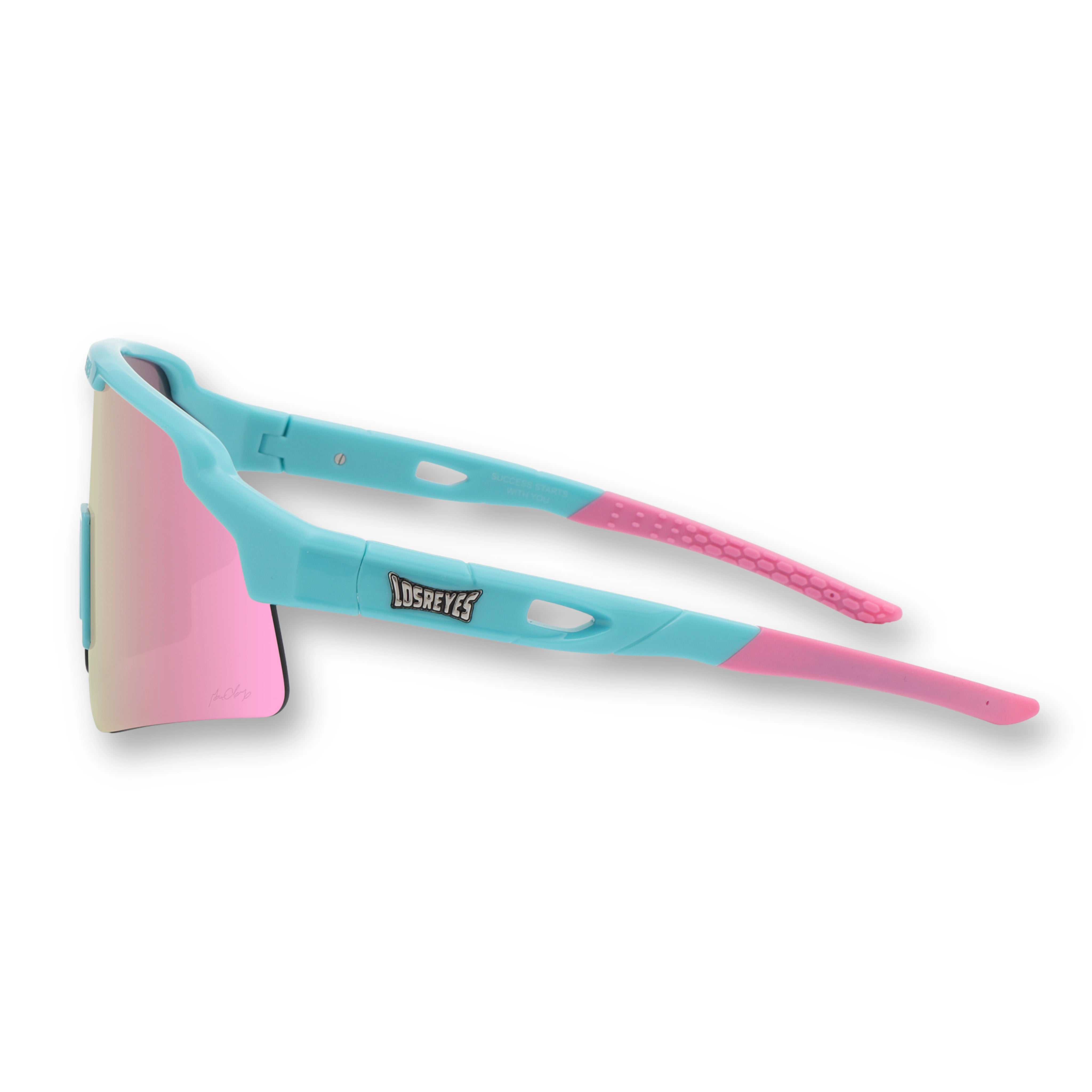 Side view of LosReyes Showtime Max Clark Reversed sunglasses in signature pink and teal colorway with mirrored shield lens and flexible arms for sport-ready comfort and style.