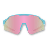 Front view of LosReyes Showtime Max Clark Reversed sports sunglasses featuring pink mirrored lens, matte blue and pink wraparound frame, and lightweight performance design for baseball or active youth athletes.