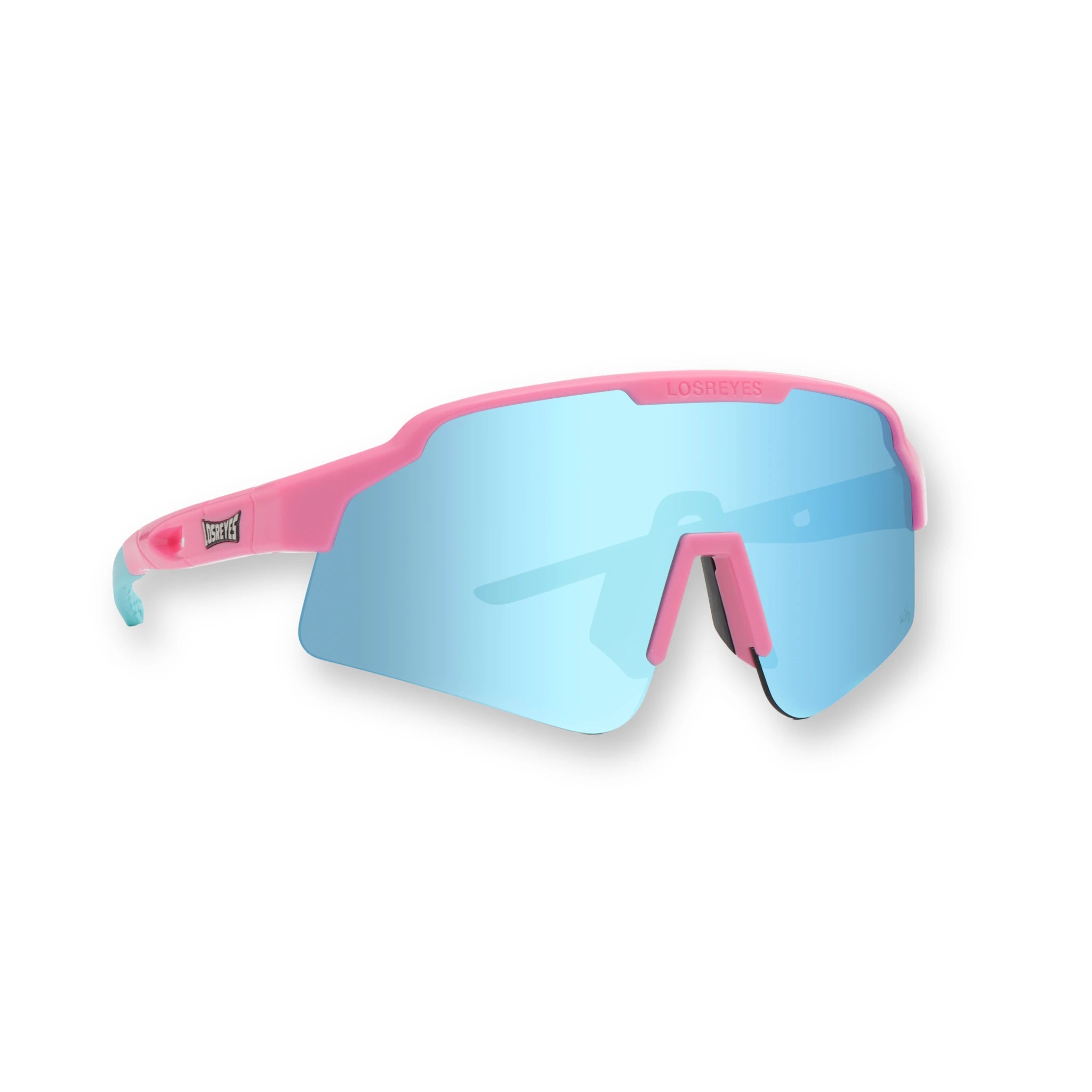 Front view of LosReyes Showtime Vice pink and blue sports sunglasses featuring UV400 mirrored blue shield lens, aerodynamic frame design, and signature cycling performance optics.