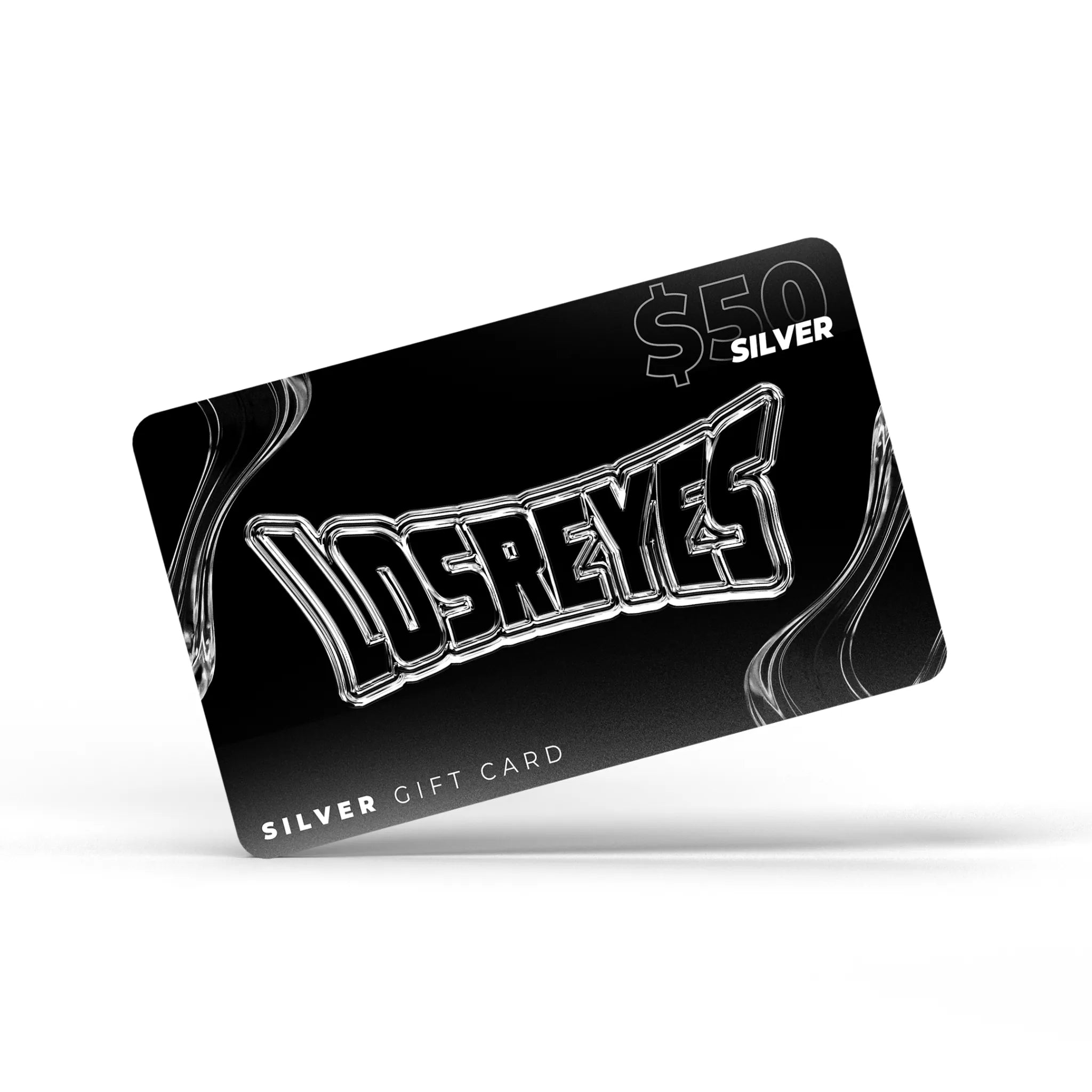 LosReyes Silver $50 gift card featuring metallic chrome logo on black background — perfect digital gift card for sports sunglasses, online store credit, or last-minute present idea