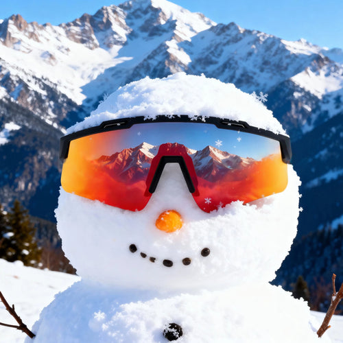 Snowman wearing LosReyes performance sunglasses with snowy mountain backdrop — premium winter eyewear gift.