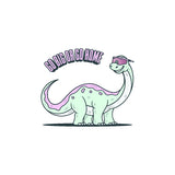 Cartoon Brontosaurus from the LosReyes Jurassic sticker collection in pastel green and purple, wearing wraparound sports sunglasses with the phrase 'Go Big or Go Home' above — perfect for collectible fans, sporty sticker lovers, and bold statement designs