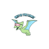 Flying cartoon pterodactyl from the LosReyes Jurassic sticker collection wearing pink mirrored sports sunglasses with bold blue wings, soaring beneath the phrase 'Sky Is the Limit' — perfect for collectible dino fans and athletic-themed accessories