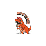 Dominant red T-Rex cartoon sticker from the LosReyes Jurassic series wearing wraparound mirrored sports sunglasses, roaring beneath the phrase 'King of the Game' — perfect for athletes, collectors, and streetwear fans who go big or go extinct