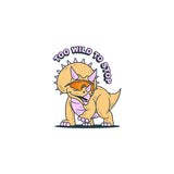 Bold cartoon triceratops from the LosReyes Jurassic sticker series in a wild orange and lavender palette, rocking mirrored performance sunglasses with the phrase 'Too Wild to Stop' above — the ultimate dino sticker for athletes, dreamers, and collectors