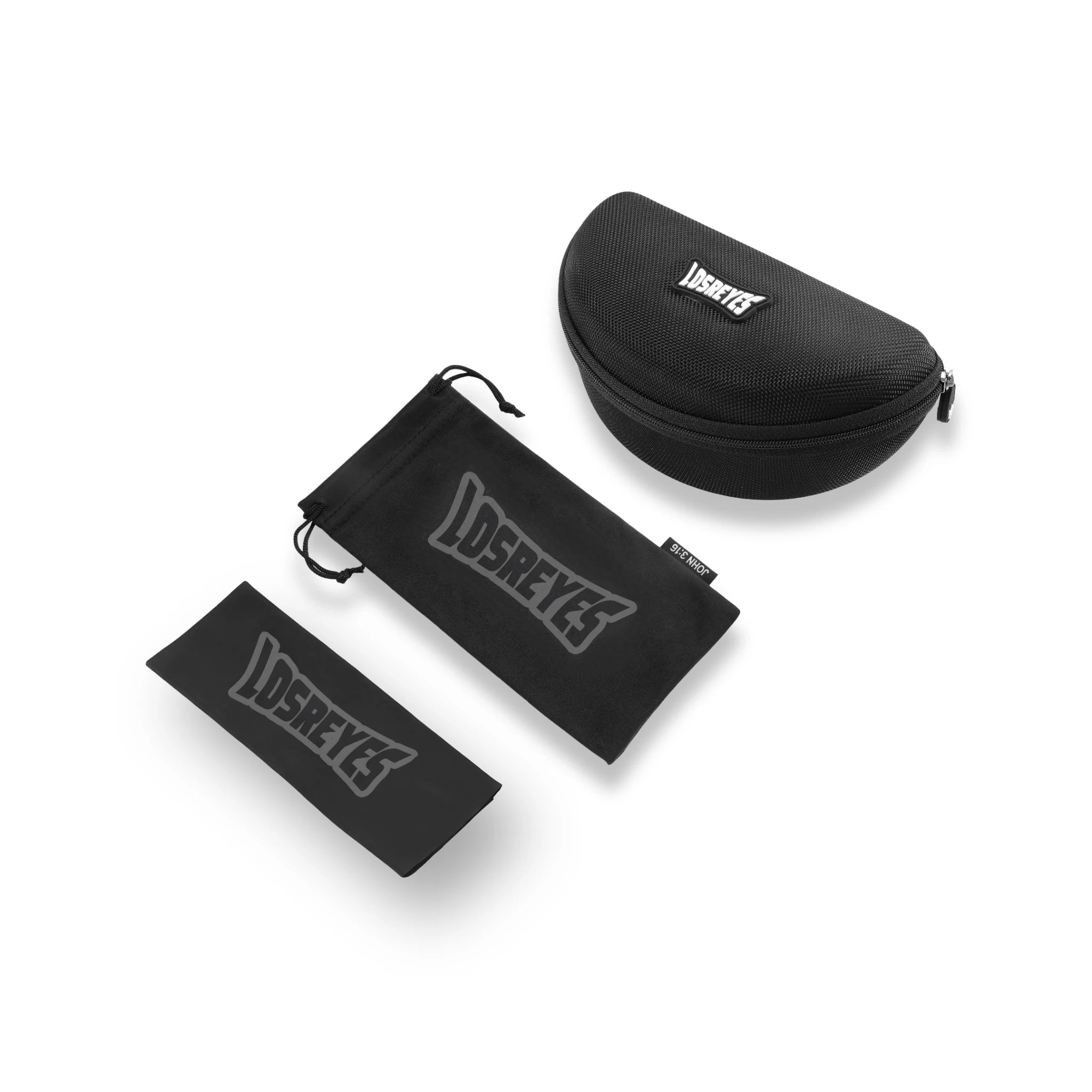 Flat lay of LosReyes sunglasses accessories bundle including black microfiber cleaning cloth, soft protective drawstring pouch, and hard zippered case with crown logo for eyewear care, storage, and travel protection.