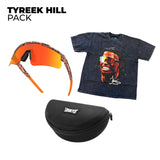 LosReyes Tyreek Hill Pack featuring orange cheetah sports sunglasses with mirrored shield lenses, a limited-edition Tyreek Hill graphic t-shirt, and a black hard shell accessories case for athlete-style protection and performance