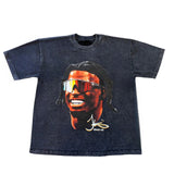 Front view of LosReyes Tyreek Hill vintage black graphic T-shirt showcasing bold athlete portrait, wraparound mirrored sports sunglasses, heavyweight washed cotton, relaxed unisex fit, and autographed signature print