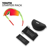 LosReyes Youth Starter Pack featuring youth Watermelon sports sunglasses with mirrored red shield lenses and green splatter frames, bundled with a black microfiber pouch, lens cloth, and hard shell case for athletic kids