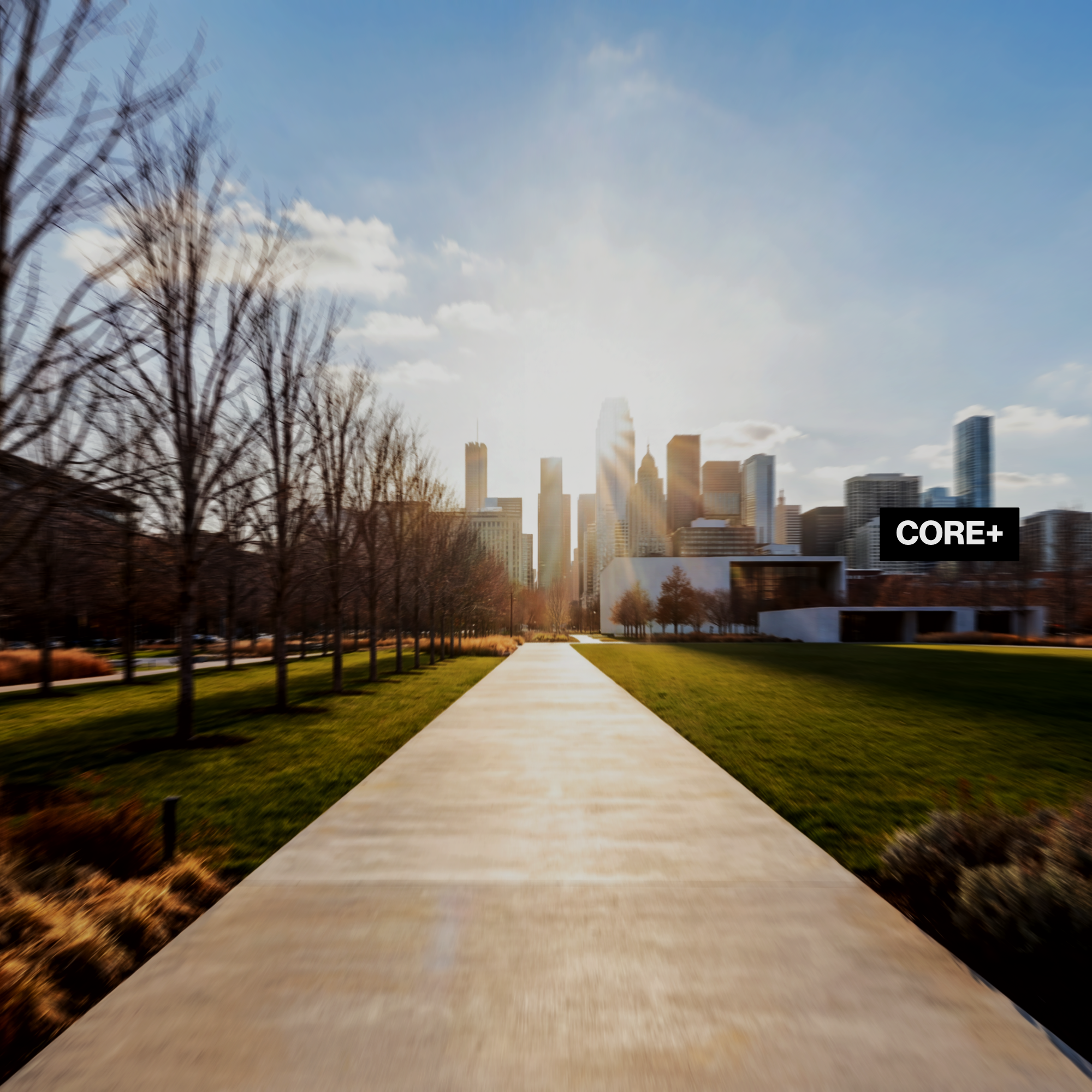Outdoor city park path viewed with sunglasses, showing enhanced contrast and reduced glare