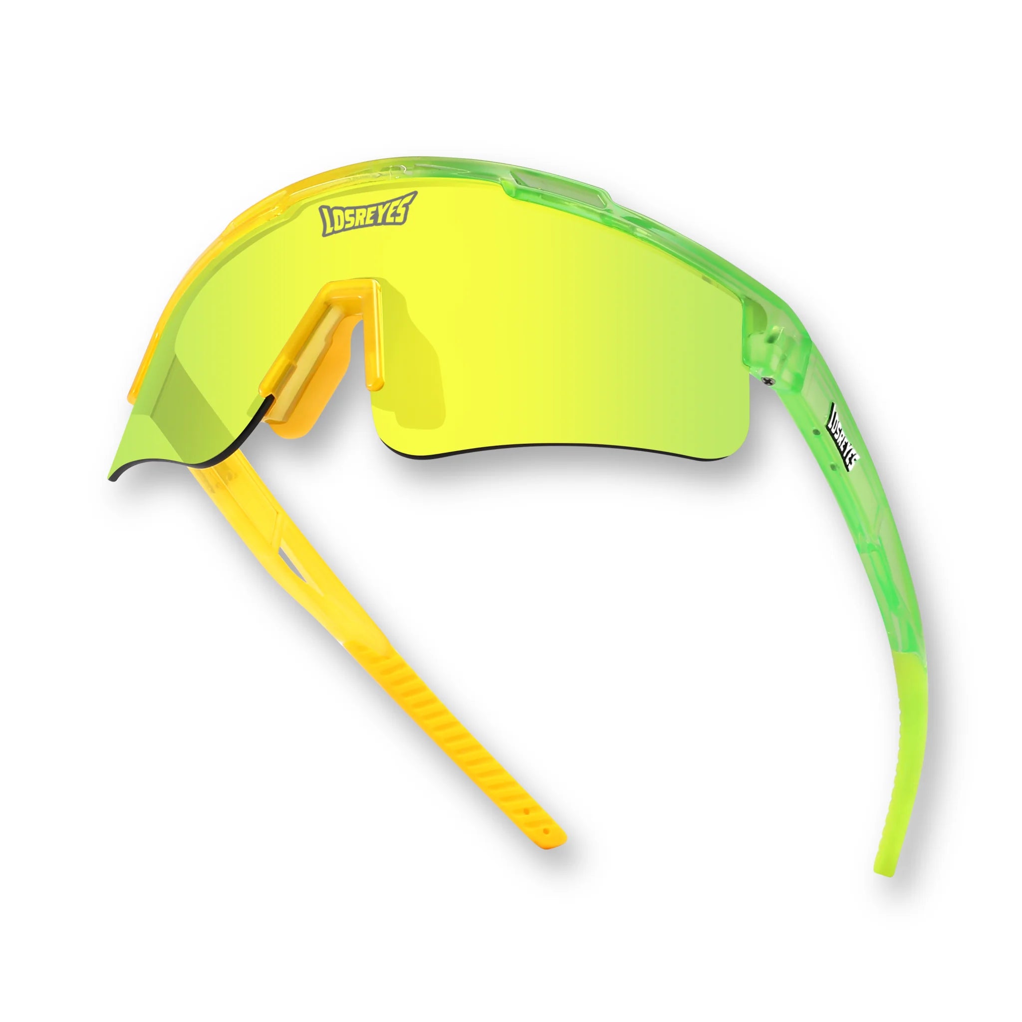 PRIME YOUTH Banana kids football sunglasses from the Candy Collection with yellow shield lens, UV400 protection, flexible TR90 frame, and no-slip rubber ends for high-impact play.