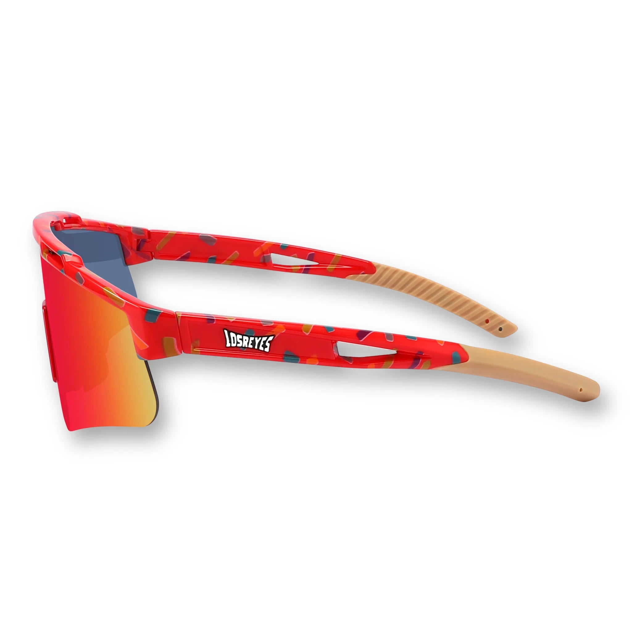 PRIME YOUTH Cream Red kids baseball sunglasses from the Candy Collection with UV400 protection, flexible TR90 frame, rubberized ends, and a secure fit that won’t fall off during play.