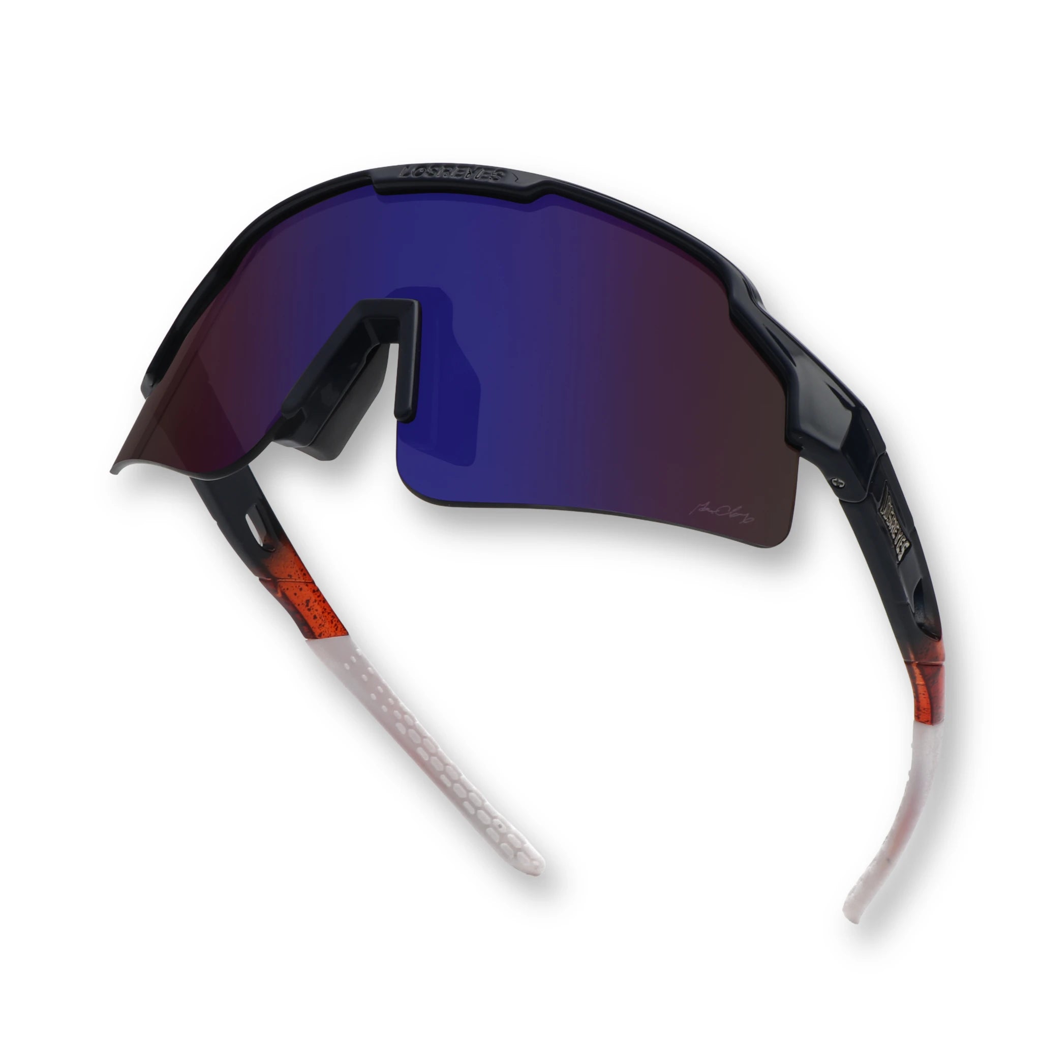 front and side angle of SHOWTIME Hurricane sunglasses with blue performance lens
