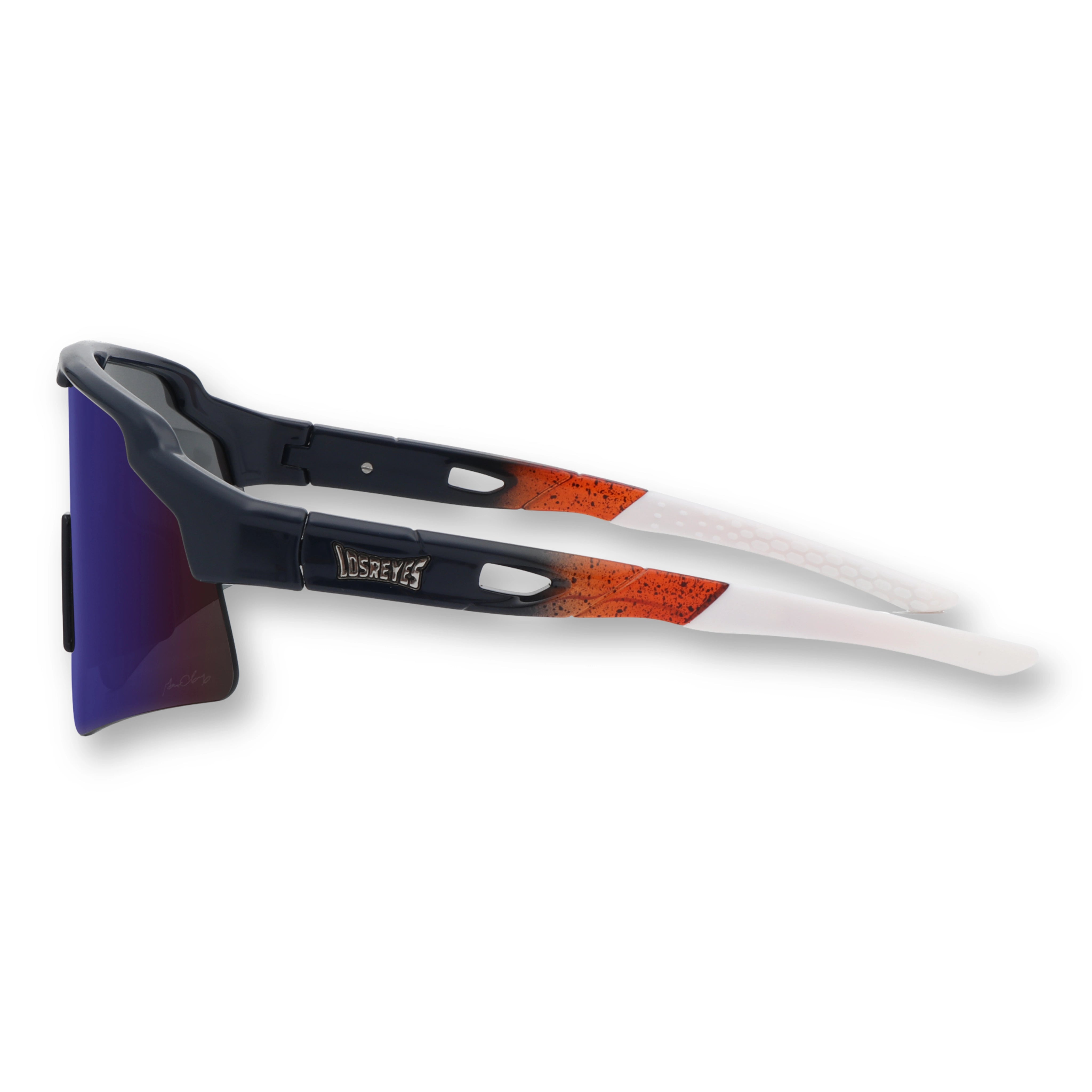 Side view of SHOWTIME Hurricane sunglasses with navy frame and orange accents